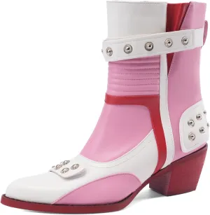 Tsrenlmln Ankle Boots for Women Pointed Toe Heel Rivet Western Cowboy Boots With Tassel Womens Cowgirl Booties Slip-On pink boots red sole
