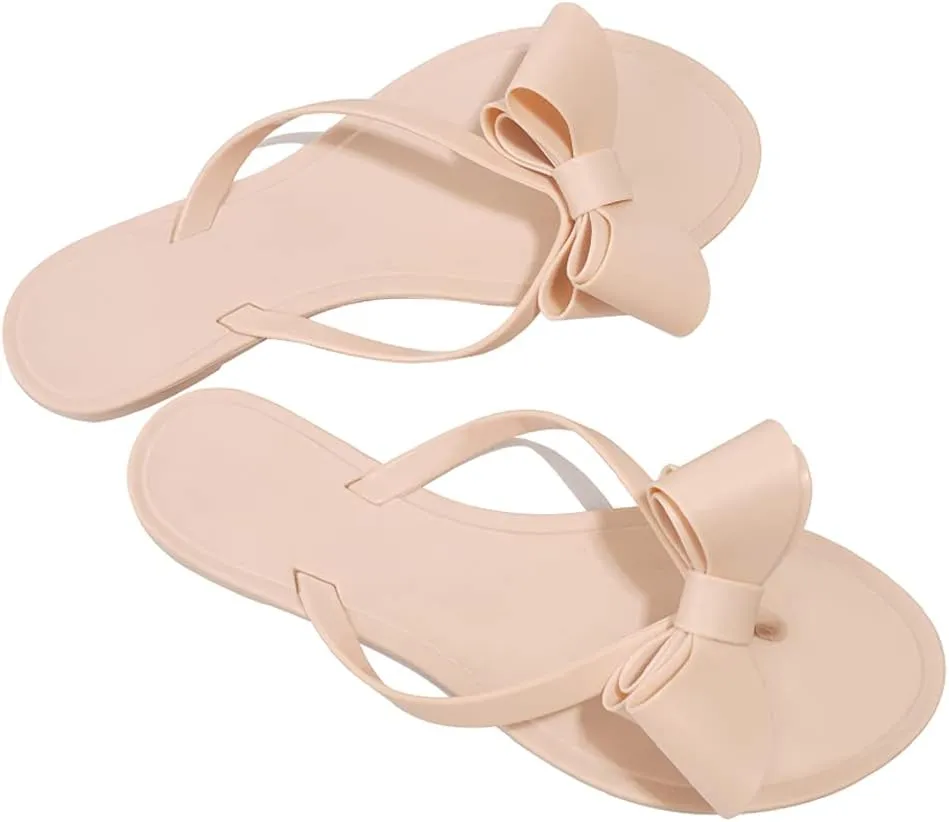 TYFLOVE Women Rivet Flip Flops Studded Jelly Thong Sandals with Bow Summer Bowtie Flat Beach Rain Shoes