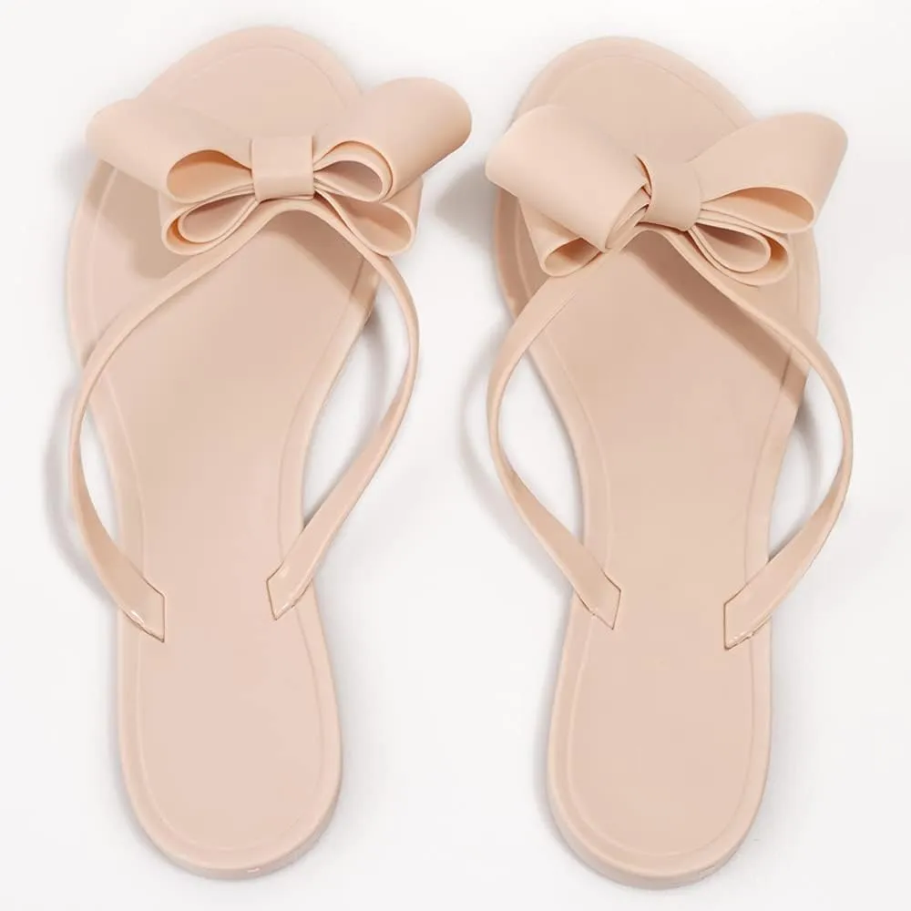 TYFLOVE Women Rivet Flip Flops Studded Jelly Thong Sandals with Bow Summer Bowtie Flat Beach Rain Shoes