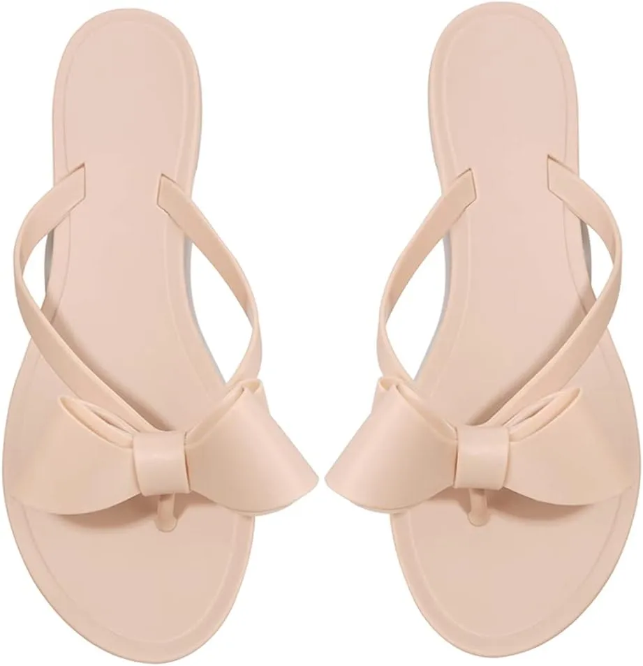 TYFLOVE Women Rivet Flip Flops Studded Jelly Thong Sandals with Bow Summer Bowtie Flat Beach Rain Shoes