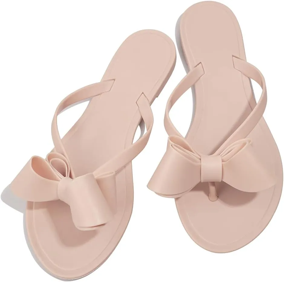 TYFLOVE Women Rivet Flip Flops Studded Jelly Thong Sandals with Bow Summer Bowtie Flat Beach Rain Shoes