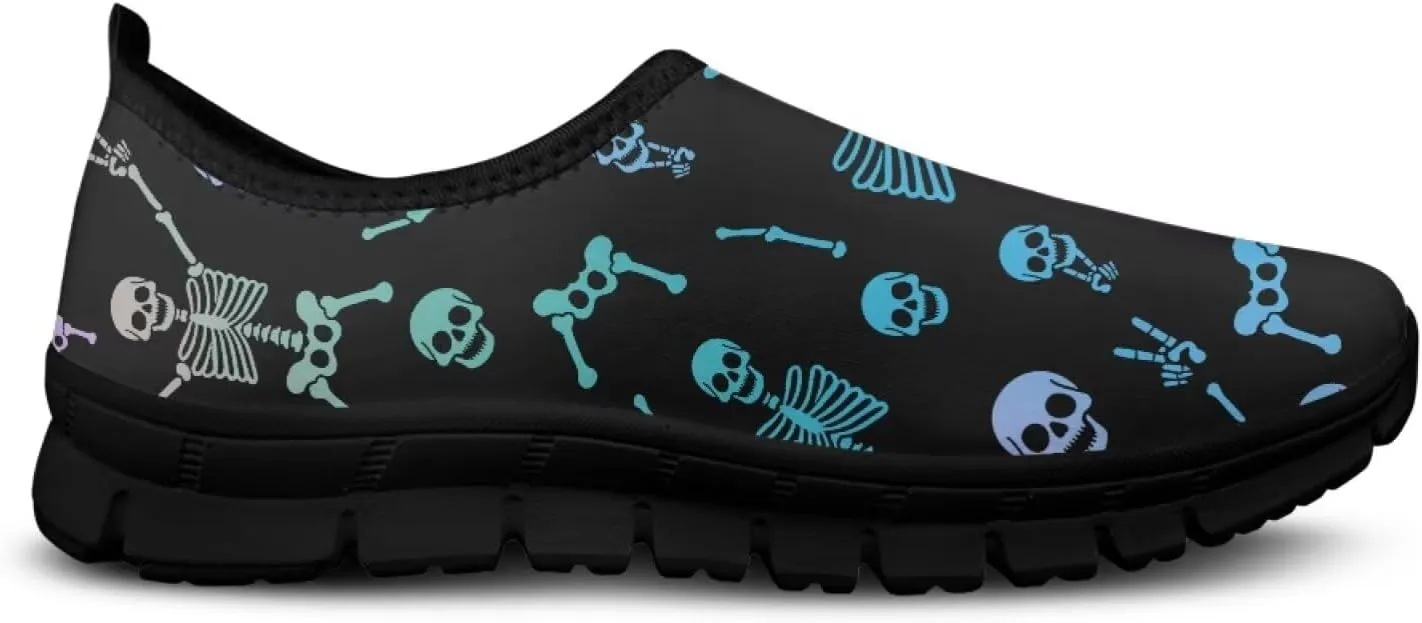 UNICEU Skull Print Slip On Shoes for Women Casual Breathable Low Top Sneakers Non-Slip Lightweight Walking Footwear