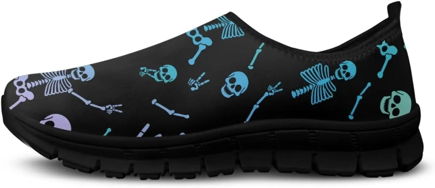 UNICEU Skull Print Slip On Shoes for Women Casual Breathable Low Top Sneakers Non-Slip Lightweight Walking Footwear