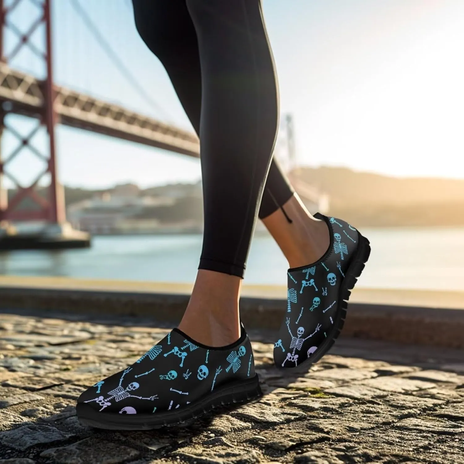 UNICEU Skull Print Slip On Shoes for Women Casual Breathable Low Top Sneakers Non-Slip Lightweight Walking Footwear