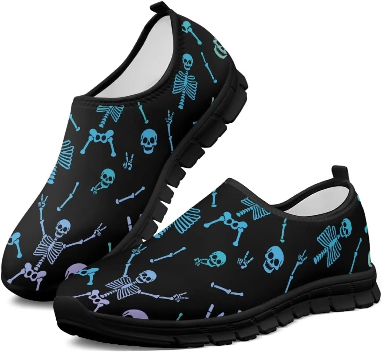UNICEU Skull Print Slip On Shoes for Women Casual Breathable Low Top Sneakers Non-Slip Lightweight Walking Footwear