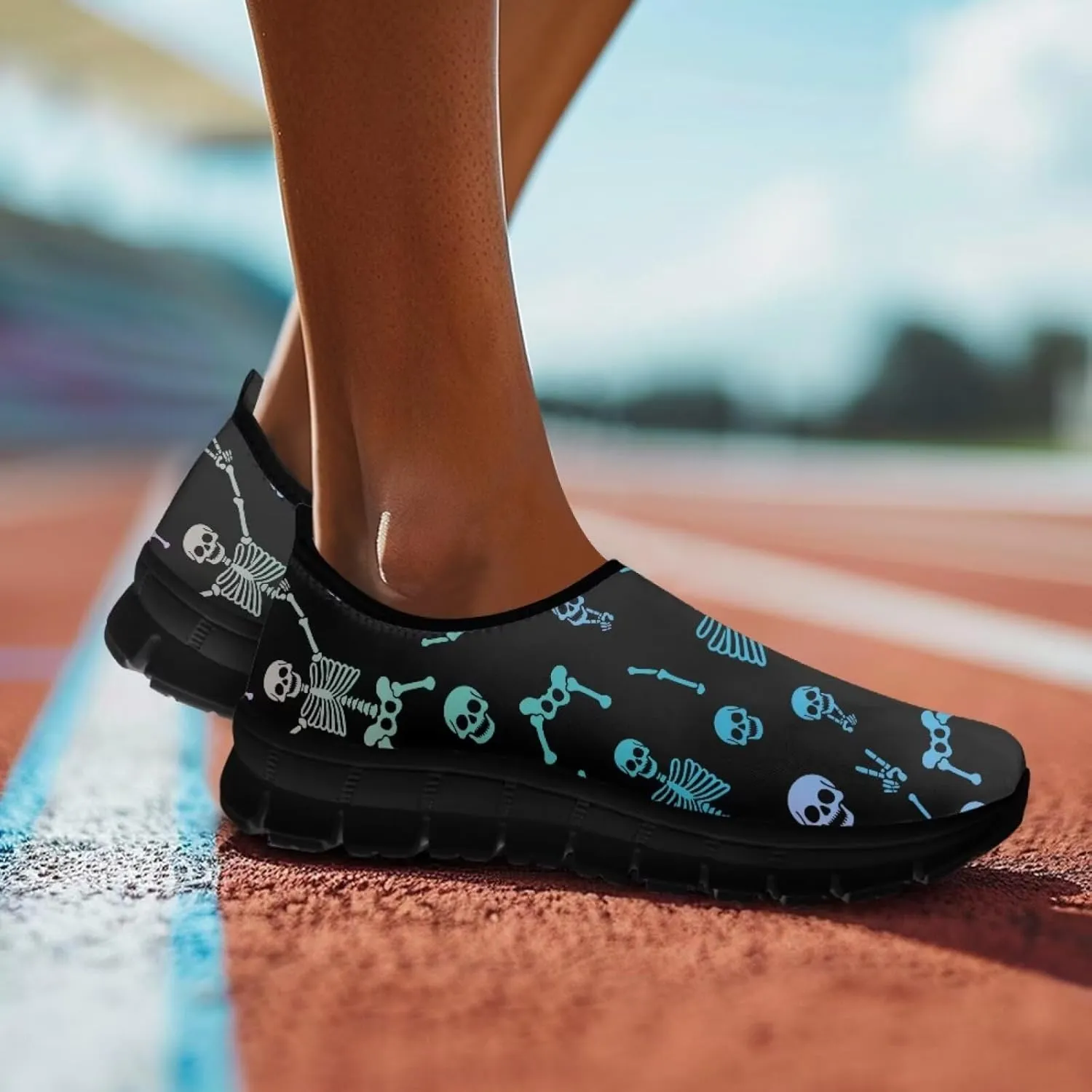 UNICEU Skull Print Slip On Shoes for Women Casual Breathable Low Top Sneakers Non-Slip Lightweight Walking Footwear