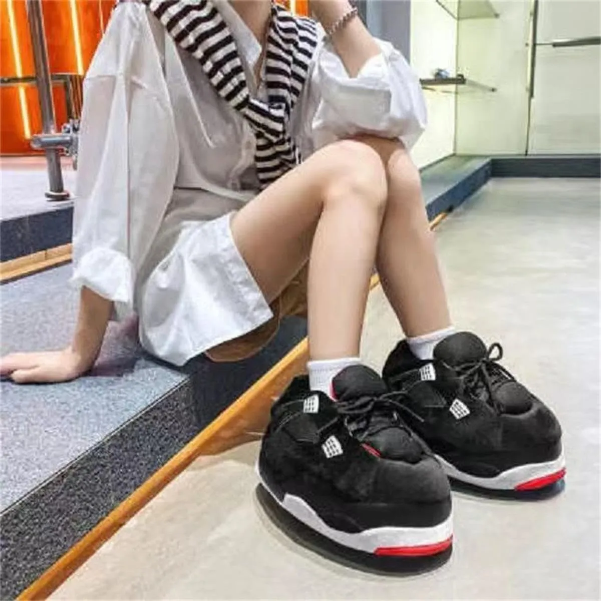 Unisex Cosy Trendy Sneaker Slippers - Warm Plush Anti-Skid Rubber Sole Comfy Fluffy Shoes - One-Size 6-12 Fleece Lined House Shoes
