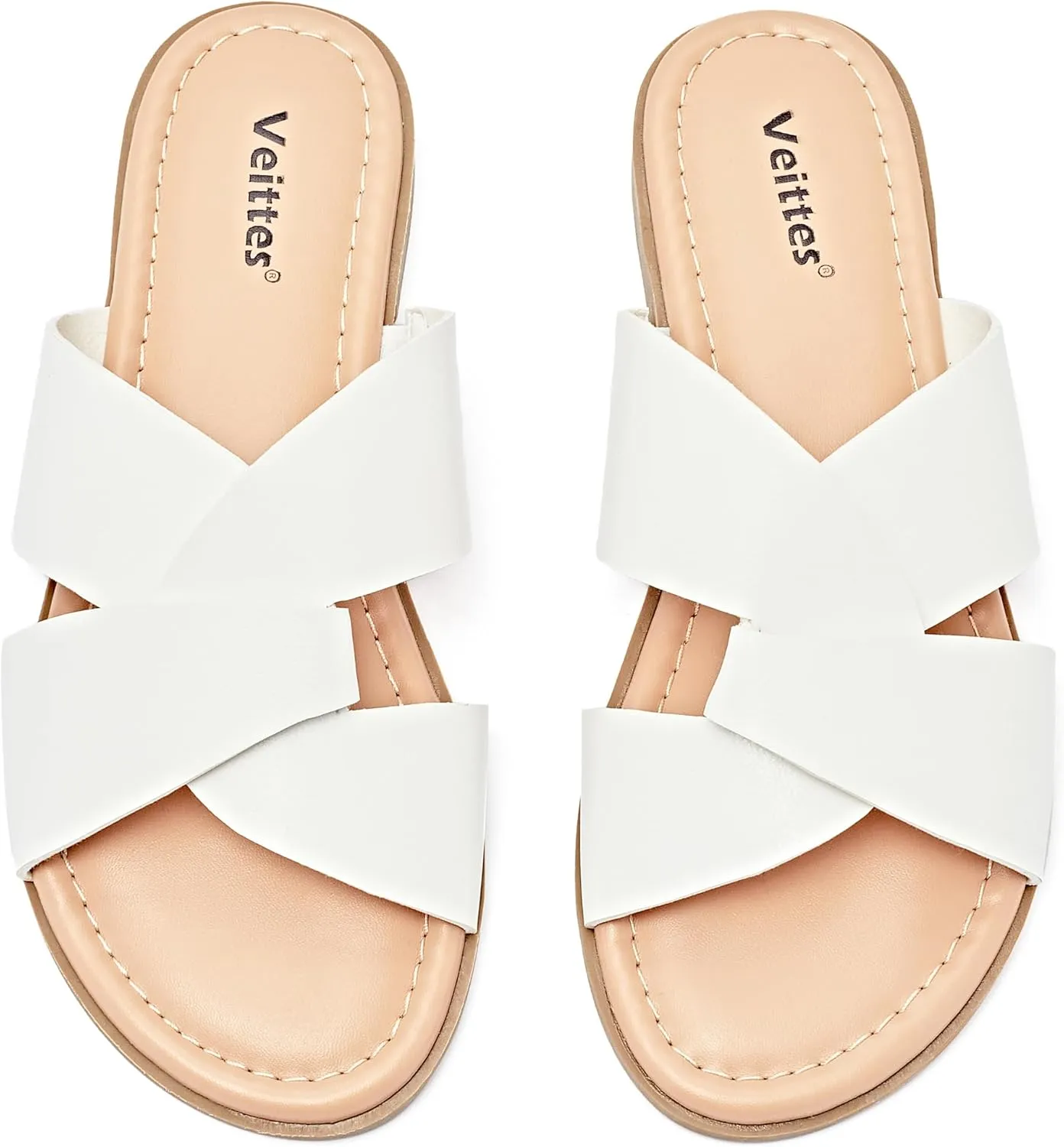 Veittes Women's Flat Slide Sandals - Comfort Casual Criss Cross Flat Summer Shoes.