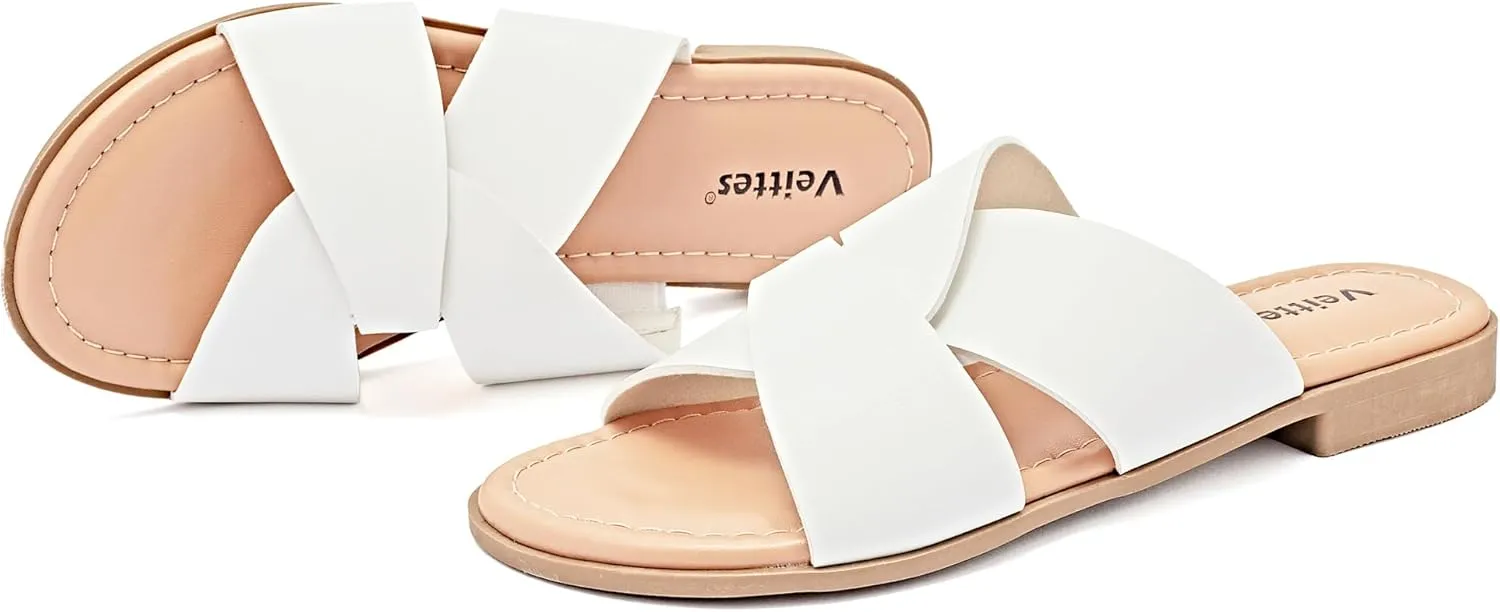 Veittes Women's Flat Slide Sandals - Comfort Casual Criss Cross Flat Summer Shoes.