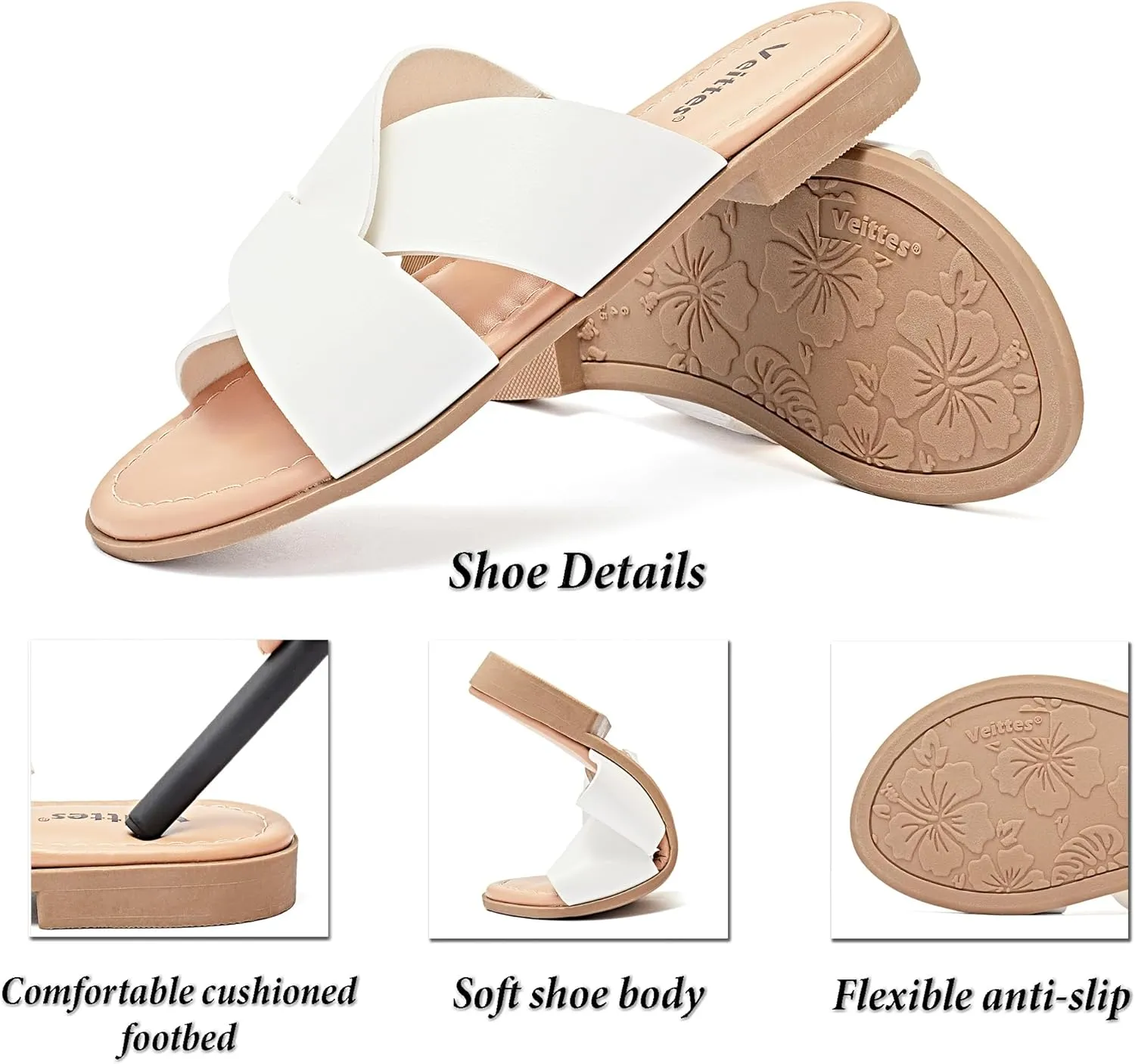 Veittes Women's Flat Slide Sandals - Comfort Casual Criss Cross Flat Summer Shoes.