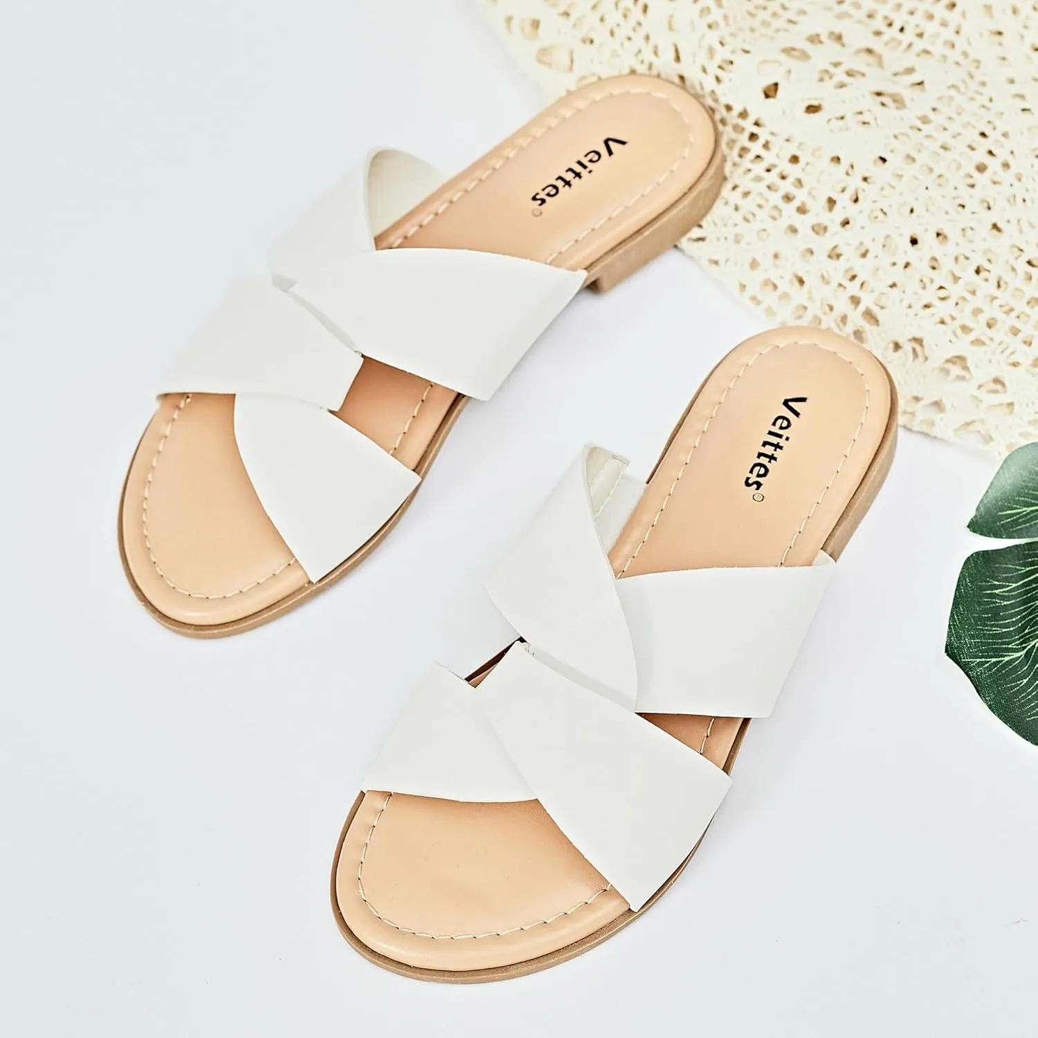 Veittes Women's Flat Slide Sandals - Comfort Casual Criss Cross Flat Summer Shoes.
