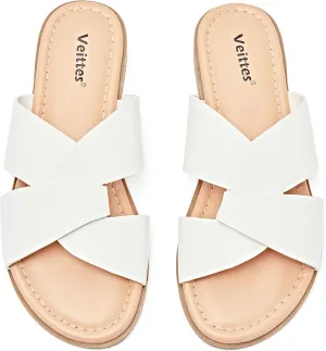 Veittes Women's Flat Slide Sandals - Comfort Casual Criss Cross Flat Summer Shoes.