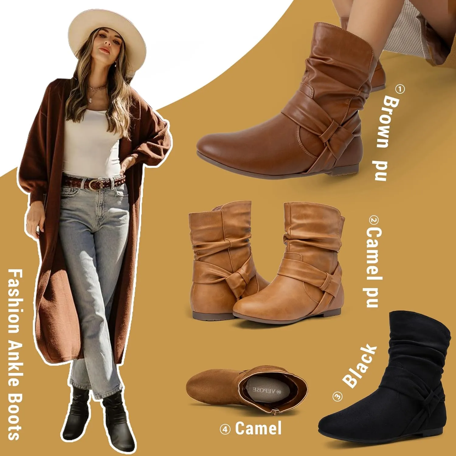 Vepose Women's Slouch Ankle Flat Boots Fashion Short Low Heel Zipper 939A Booties