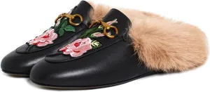 Vertundy Fur Mules with Matal Buckle Slip On Flats for Women Backless Sandals Dress Shoes Work Slides