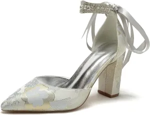Wedding Shoes for Bride Closed Toe Block Heel Womens High Heels Pointed Toe Pumps Bridal Shoes Bowknot Strap Pearl Sandals Floral Satin Evening,Silver,11.5