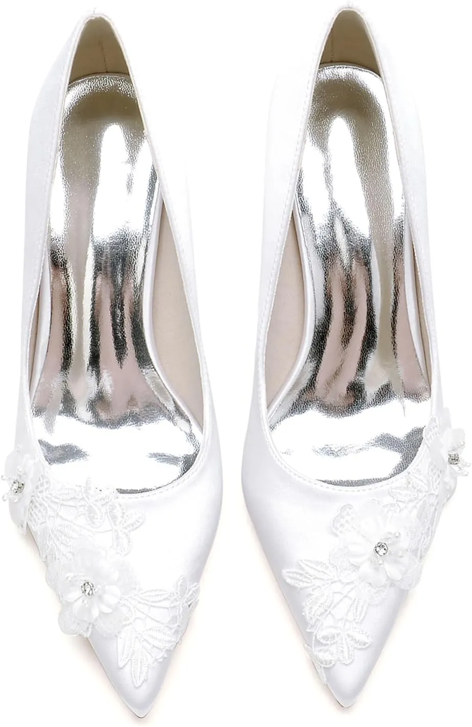 Wedding Shoes for Bride Satin with Embroidery Lace Flower Heel Pumps Sandal Pointed Toe Slip-on Dressy Shoes