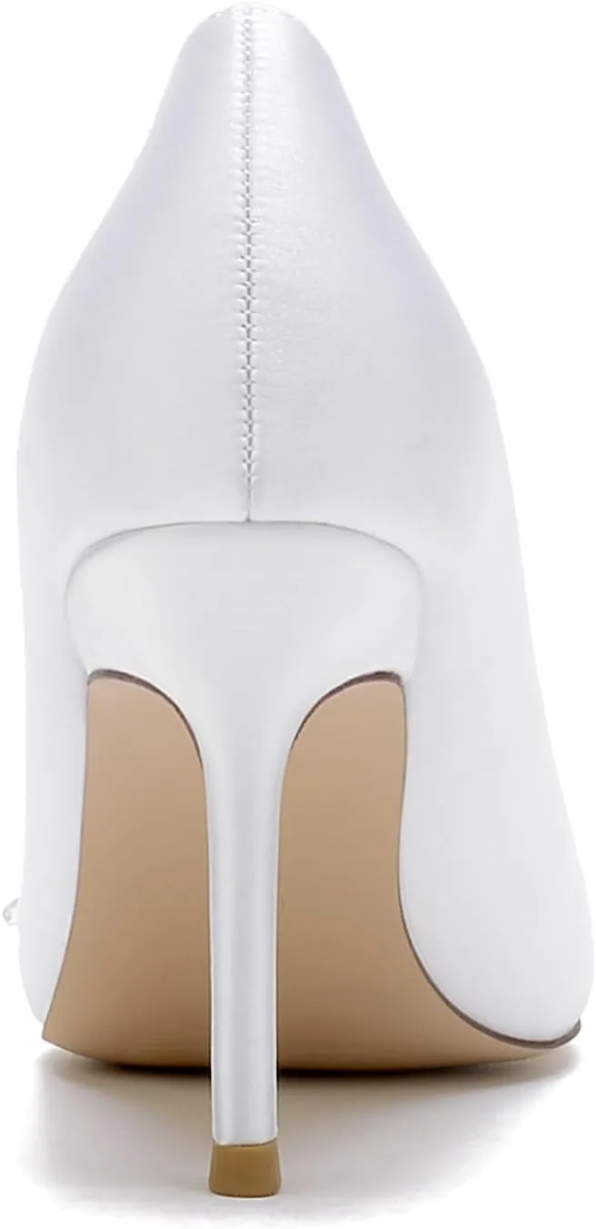 Wedding Shoes for Bride Satin with Embroidery Lace Flower Heel Pumps Sandal Pointed Toe Slip-on Dressy Shoes