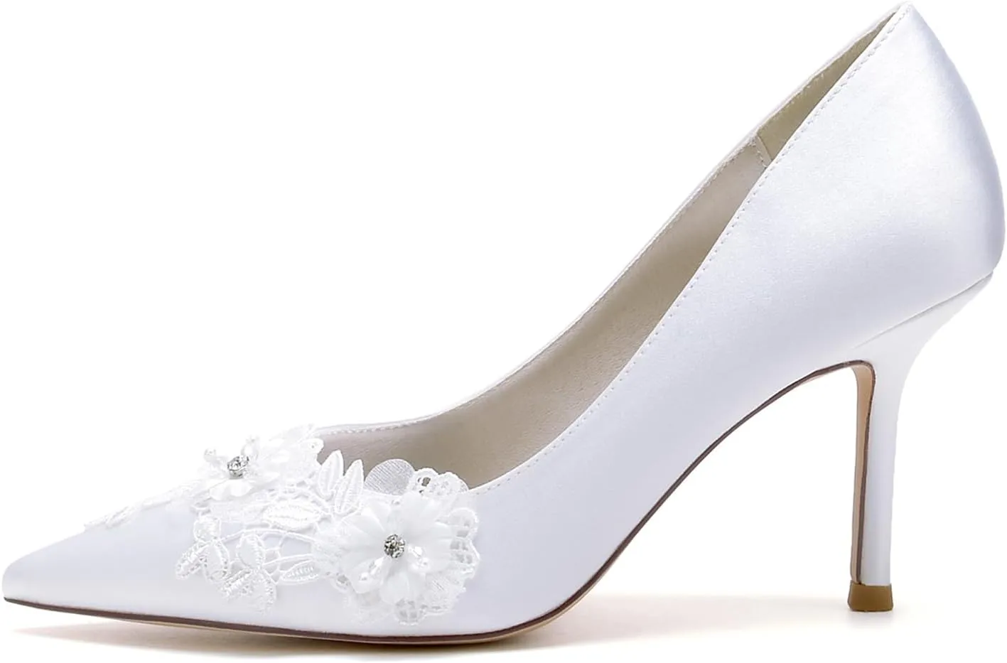 Wedding Shoes for Bride Satin with Embroidery Lace Flower Heel Pumps Sandal Pointed Toe Slip-on Dressy Shoes