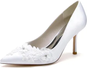 Wedding Shoes for Bride Satin with Embroidery Lace Flower Heel Pumps Sandal Pointed Toe Slip-on Dressy Shoes