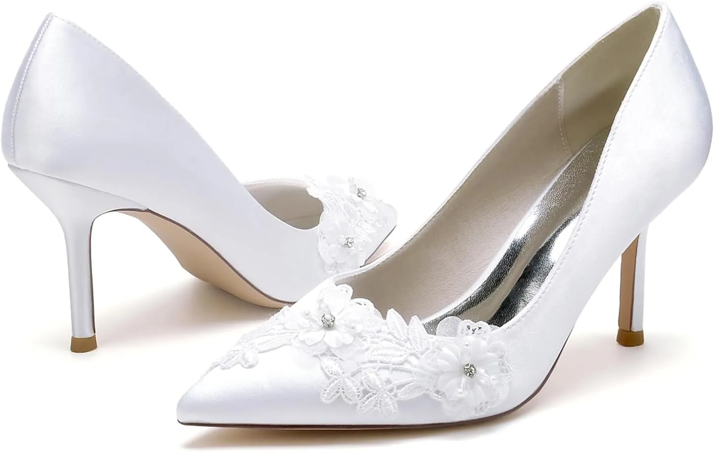 Wedding Shoes for Bride Satin with Embroidery Lace Flower Heel Pumps Sandal Pointed Toe Slip-on Dressy Shoes