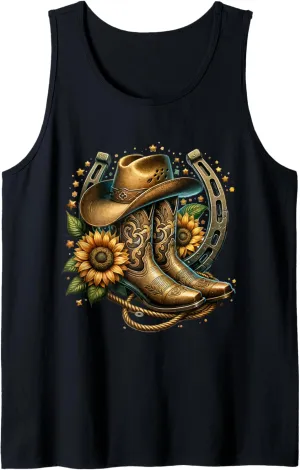 Western Cowboy Boot Horseshoe Sunflower Rope Cowgirl Boot Tank Top