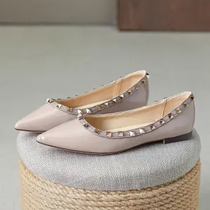 Women Fashion Patent Leathe Studded Rivet Slip on Flat Shoes Summer Closed Pointed Toe Shallow Mouth Comfortable Dress Walking Flat Shoes