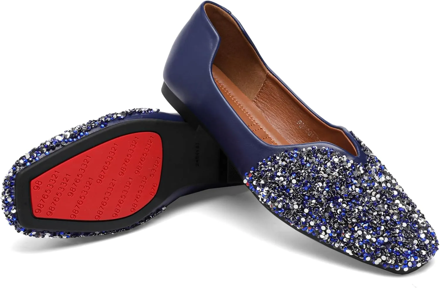 Women Rhinestone Flats Silver,Square Toe Bling Glitter Dressy Casual Bridal Wedding Sparkly Comfortable Shoe