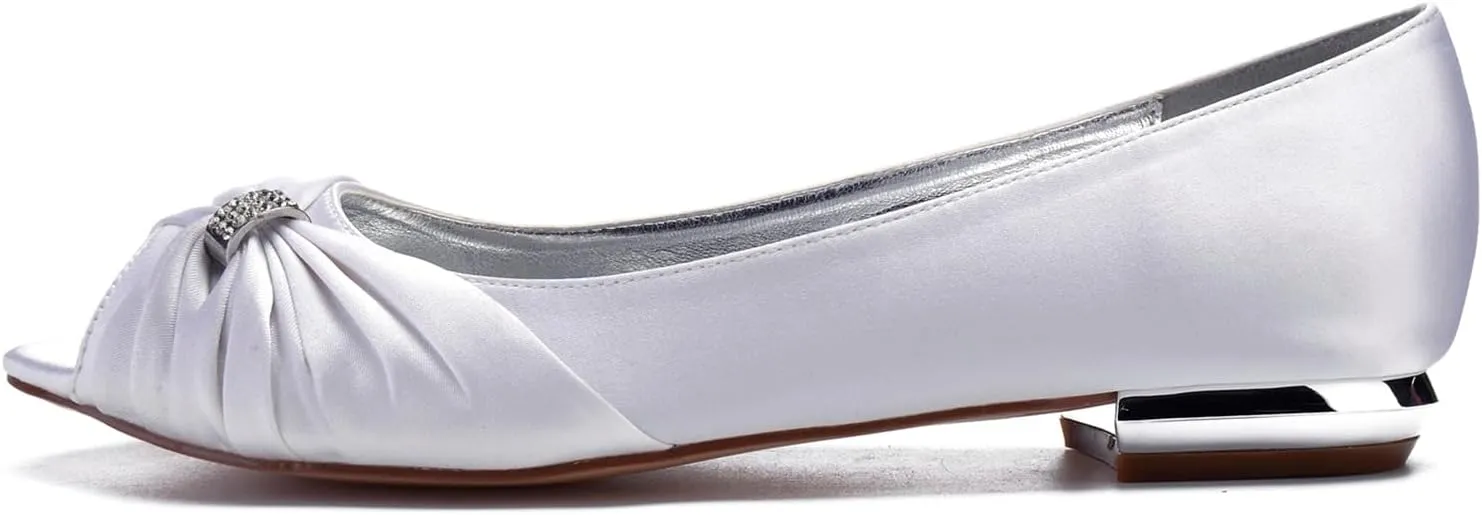 Women Satin Rhinestone Peep Toe Wedding Shoes Bride Bridesmaid Slip-on Prom Evening Party Dress Flat Shoes