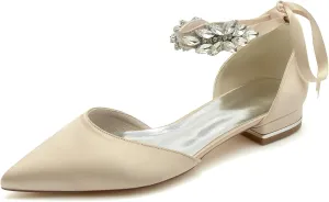 Women Satin Wedding Shoes for Bride Flats Pointed Toe Crystals Party Dress Bridesmaid Shoes