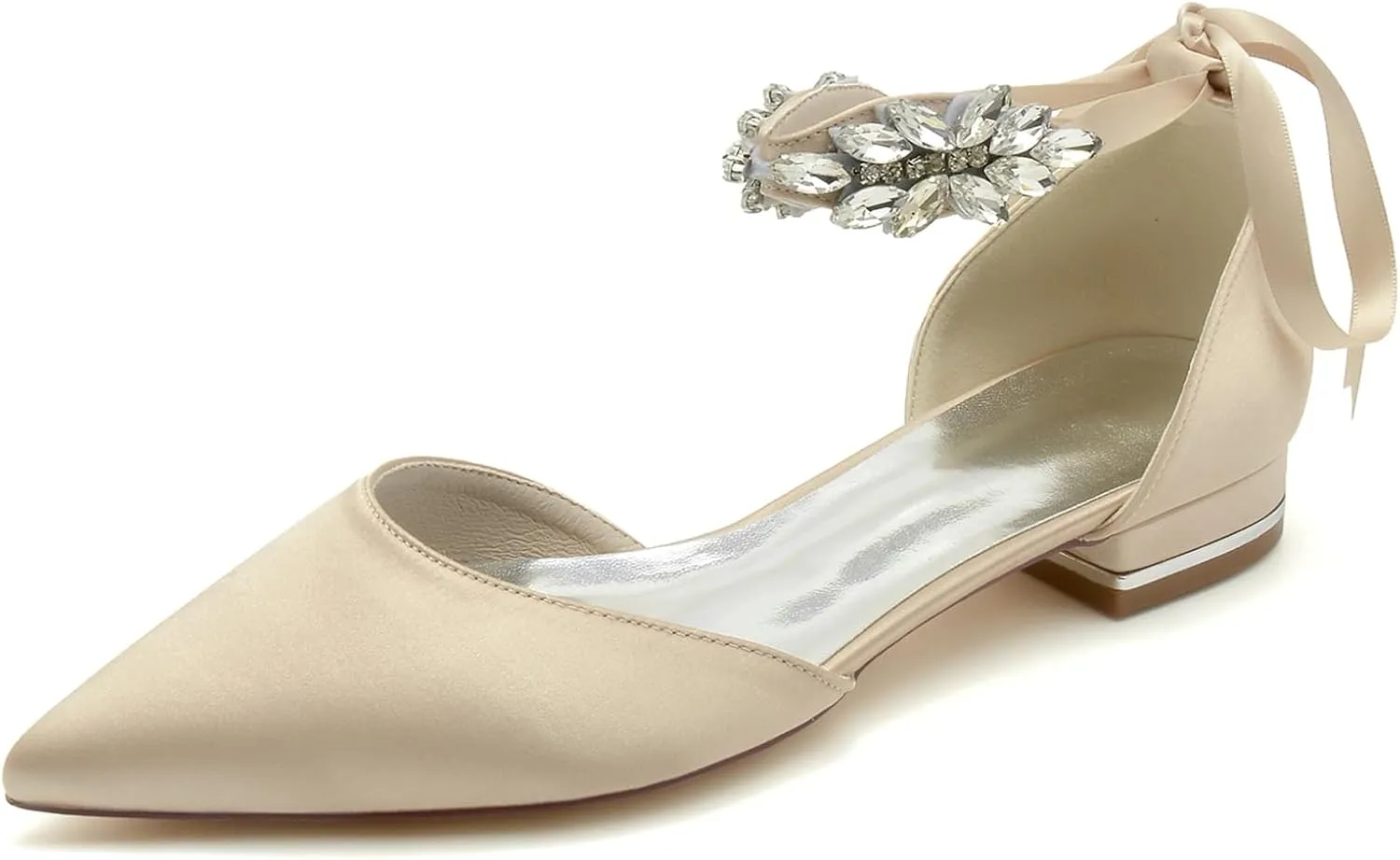 Women Satin Wedding Shoes for Bride Flats Pointed Toe Crystals Party Dress Bridesmaid Shoes