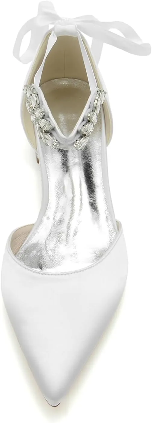 Women Satin Wedding Shoes for Bride Flats Pointed Toe Crystals Party Dress Bridesmaid Shoes