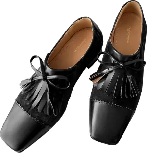 Women Tassel Loafer Flats Square Closed Toe Wingtip Bow Oxford Shoes Slip On Low Chunky Block Heel Penny Loafers Fringe Two-Toned Patchwork Dressy Vintage Office Work Shoes Chic 4-11 M US