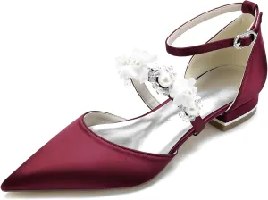 Women's Ankle Strap Wedding Shoes for Bride Pointed Toe Satin Wedding Flats Pearl Flower Formal Prom Party Dress Shoes