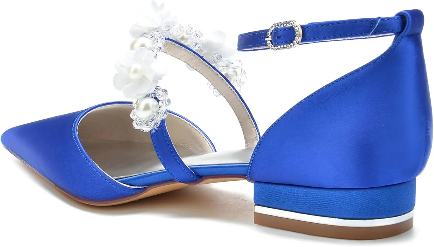 Women's Ankle Strap Wedding Shoes for Bride Pointed Toe Satin Wedding Flats Pearl Flower Formal Prom Party Dress Shoes
