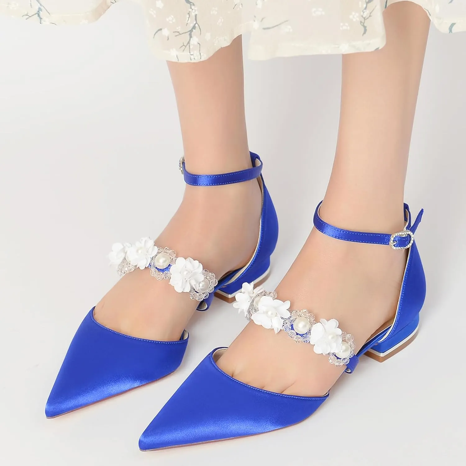 Women's Ankle Strap Wedding Shoes for Bride Pointed Toe Satin Wedding Flats Pearl Flower Formal Prom Party Dress Shoes