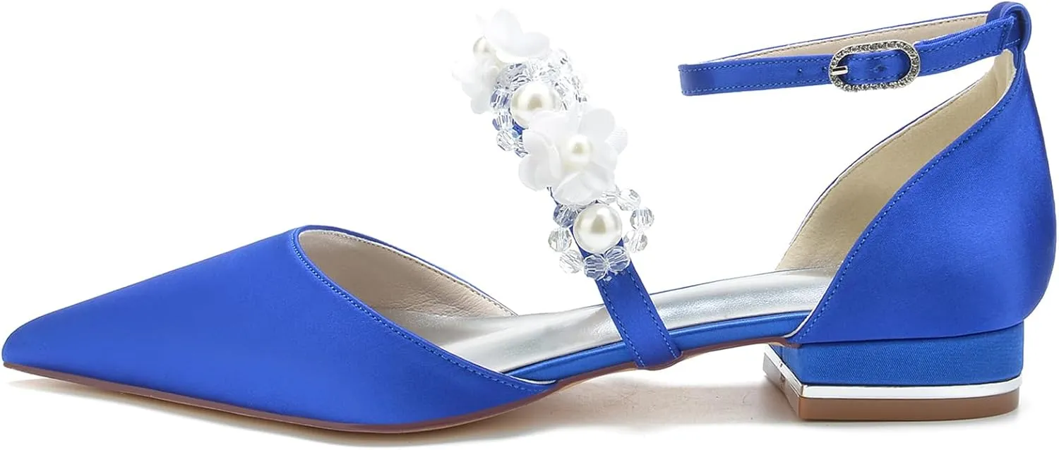 Women's Ankle Strap Wedding Shoes for Bride Pointed Toe Satin Wedding Flats Pearl Flower Formal Prom Party Dress Shoes