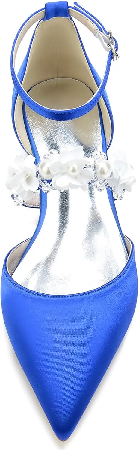 Women's Ankle Strap Wedding Shoes for Bride Pointed Toe Satin Wedding Flats Pearl Flower Formal Prom Party Dress Shoes