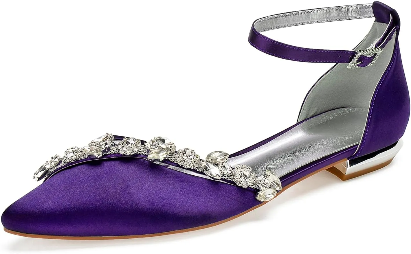 Women's Ankle Strap Wedding Shoes Satin Rhinestone Pointed Toe Flats for Bride