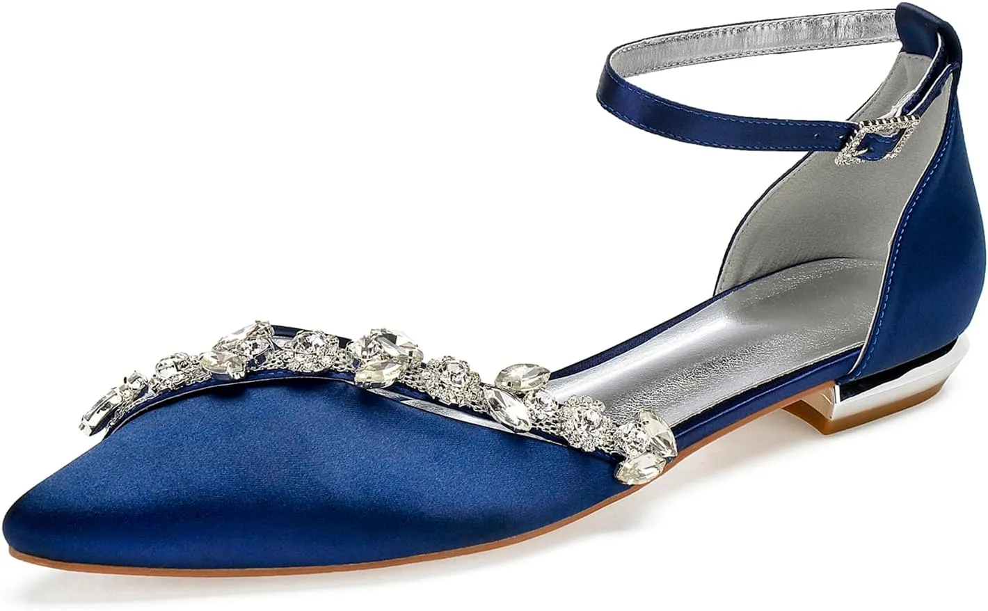 Women's Ankle Strap Wedding Shoes Satin Rhinestone Pointed Toe Flats for Bride
