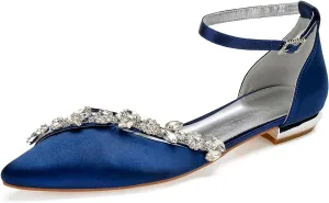 Women's Ankle Strap Wedding Shoes Satin Rhinestone Pointed Toe Flats for Bride