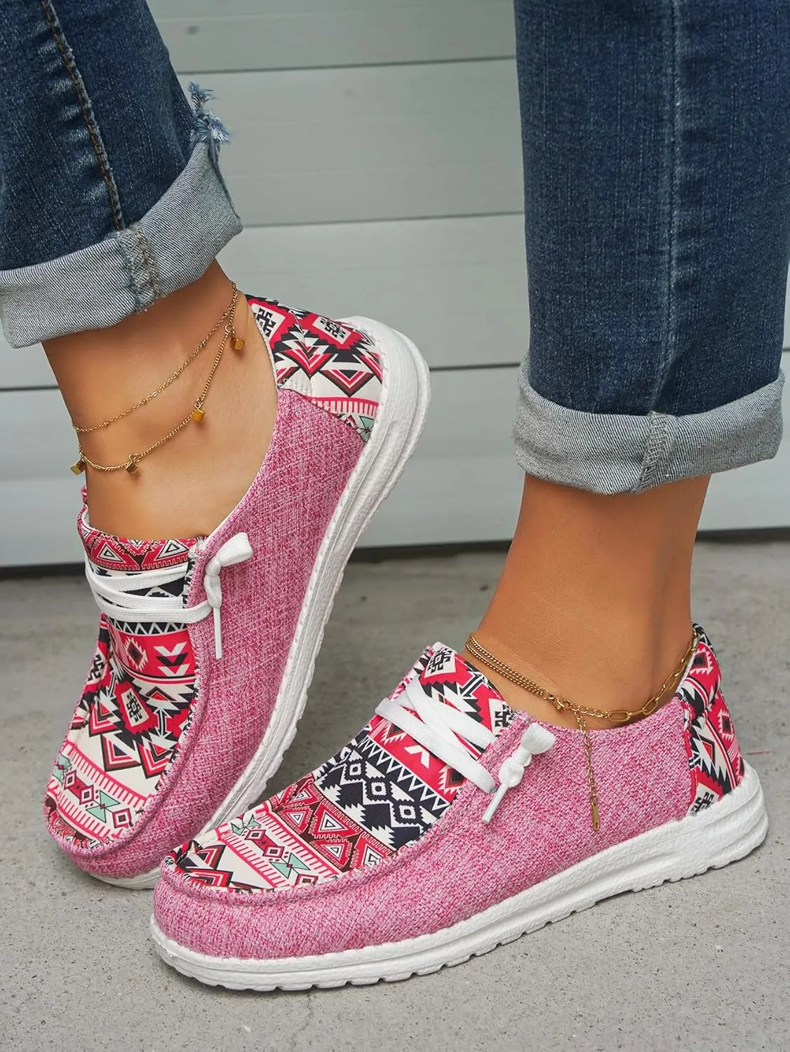 Women's Aztec Print Pattern Canvas Loafer Shoes Ethnic Lace-up Slip-on Sneakers Wide Width and Arch Support Lightweight Walking Breathable Shoes Comfort, Color Blue Brown Rose-Red