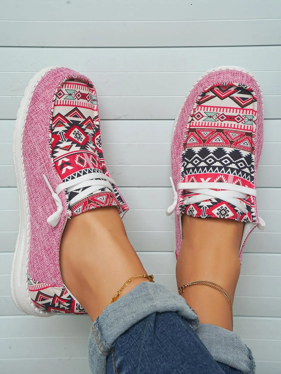 Women's Aztec Print Pattern Canvas Loafer Shoes Ethnic Lace-up Slip-on Sneakers Wide Width and Arch Support Lightweight Walking Breathable Shoes Comfort, Color Blue Brown Rose-Red