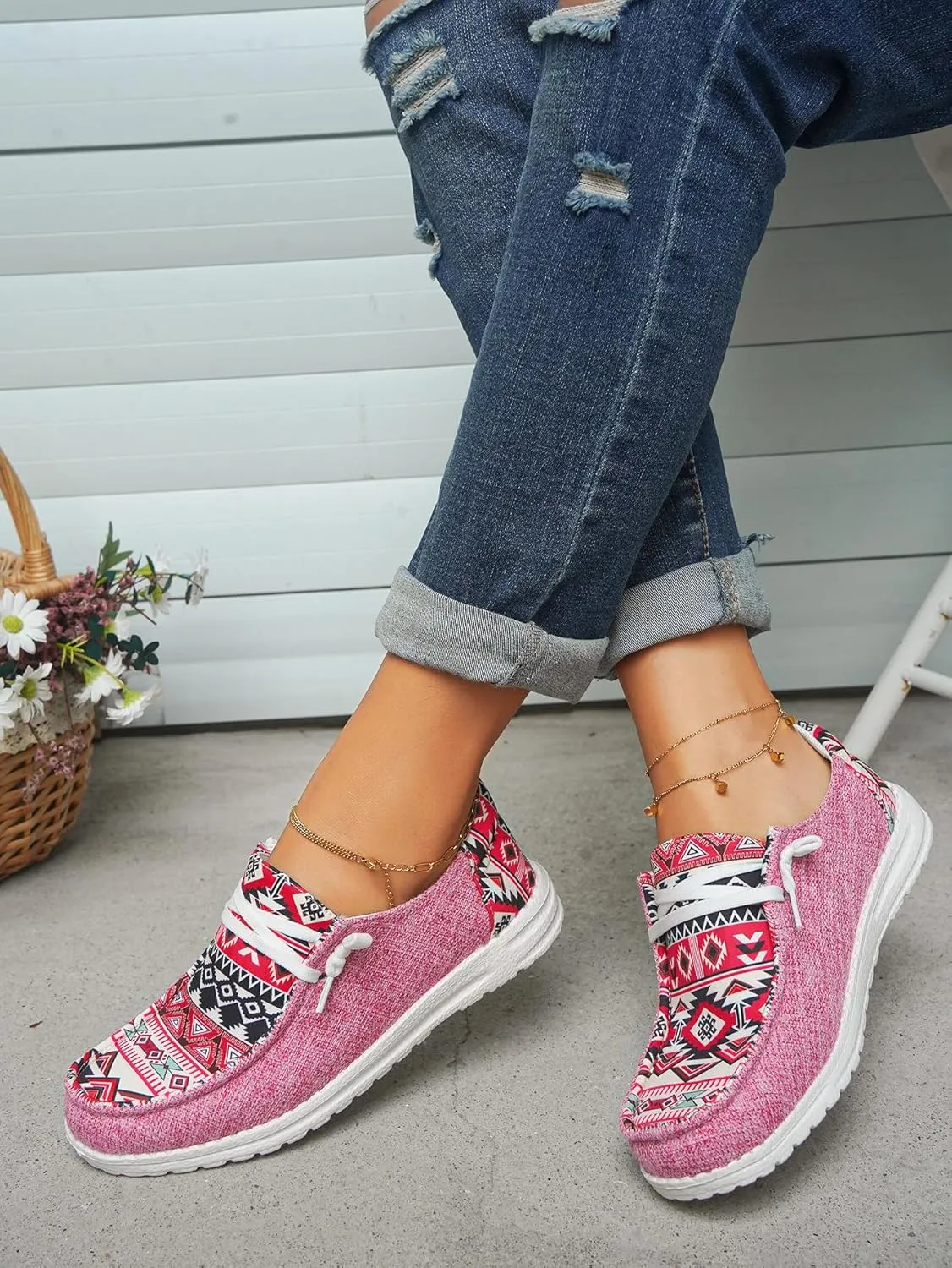 Women's Aztec Print Pattern Canvas Loafer Shoes Ethnic Lace-up Slip-on Sneakers Wide Width and Arch Support Lightweight Walking Breathable Shoes Comfort, Color Blue Brown Rose-Red