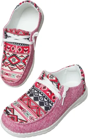 Women's Aztec Print Pattern Canvas Loafer Shoes Ethnic Lace-up Slip-on Sneakers Wide Width and Arch Support Lightweight Walking Breathable Shoes Comfort, Color Blue Brown Rose-Red