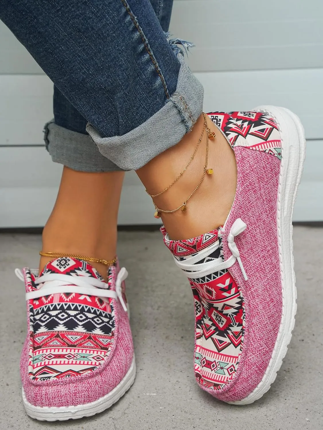Women's Aztec Print Pattern Canvas Loafer Shoes Ethnic Lace-up Slip-on Sneakers Wide Width and Arch Support Lightweight Walking Breathable Shoes Comfort, Color Blue Brown Rose-Red