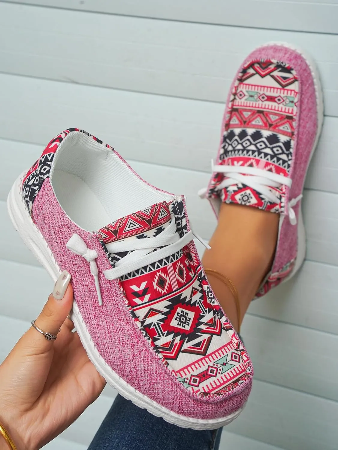 Women's Aztec Print Pattern Canvas Loafer Shoes Ethnic Lace-up Slip-on Sneakers Wide Width and Arch Support Lightweight Walking Breathable Shoes Comfort, Color Blue Brown Rose-Red