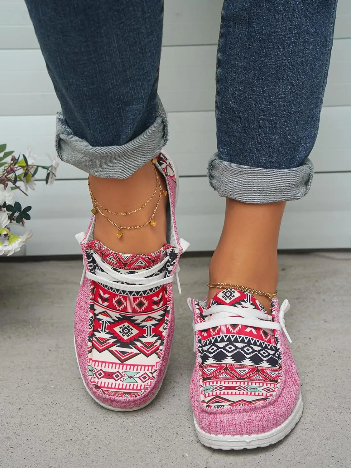 Women's Aztec Print Pattern Canvas Loafer Shoes Ethnic Lace-up Slip-on Sneakers Wide Width and Arch Support Lightweight Walking Breathable Shoes Comfort, Color Blue Brown Rose-Red