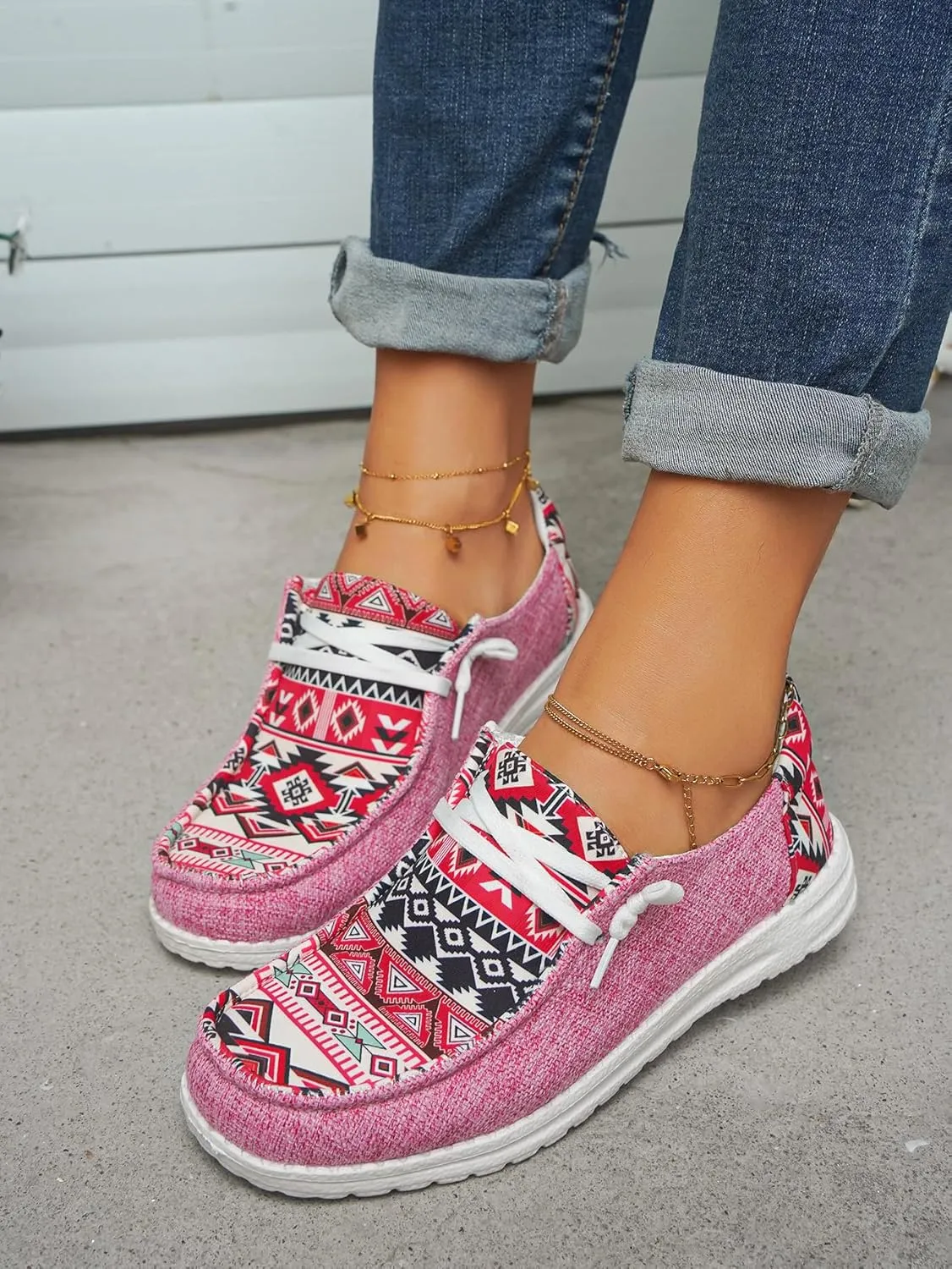 Women's Aztec Print Pattern Canvas Loafer Shoes Ethnic Lace-up Slip-on Sneakers Wide Width and Arch Support Lightweight Walking Breathable Shoes Comfort, Color Blue Brown Rose-Red