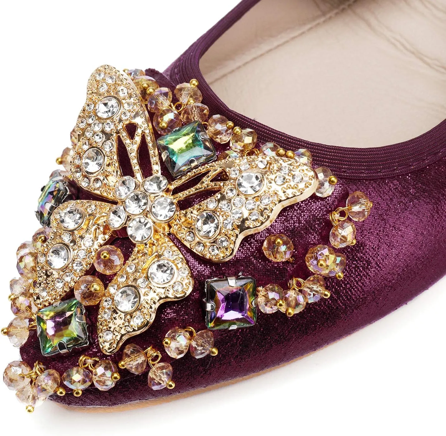 Womens Ballet Flats Foldable Rhinestone Pointed Toe Comfortable Slip on Wedding Flat Shoes Dress Flats for Women