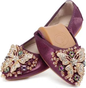 Womens Ballet Flats Foldable Rhinestone Pointed Toe Comfortable Slip on Wedding Flat Shoes Dress Flats for Women